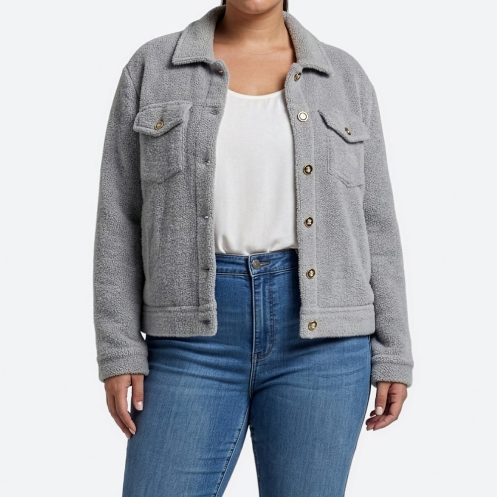 Mable Soft Fuzzy Chenille Trucker Jacket Gray 0X L Heavyweight Knit Shacket Coat
